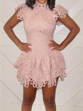 High Neck Pink Lace Tiered Mini Dress
